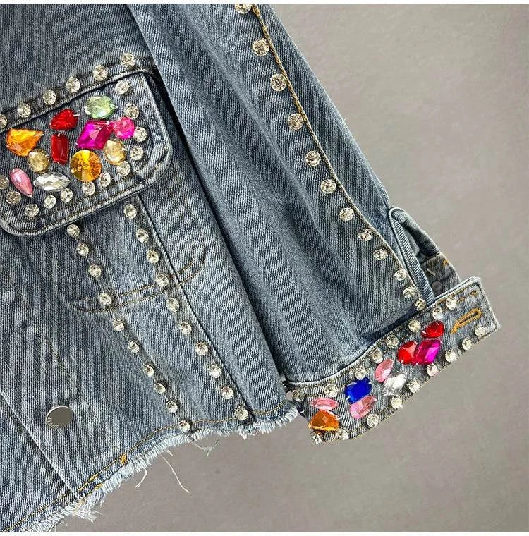 Colorful Diamond Denim Jacket: Trendy Tassel & Rivet Style! ✨This eye-catching jacket features vibrant diamond embellishments and stylish tassels, perfect for making a bold fashion statement. With long sleeves and a comfortablShop All I WantShop All I WantColorful Diamond