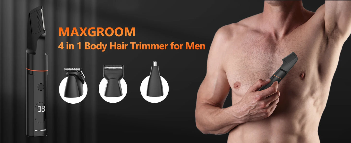 MAXGROOM 4 in 1 Body Hair Trimmer Kit for Men – Waterproof Electric Trimmer for Pubic, Nose, Beard & Body Hair ✂️💧