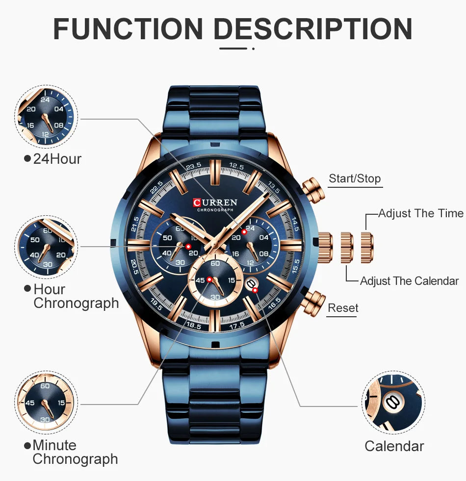 Men's Business Watch | Blue Dial Stainless Steel Waterproof Luxury ⌚