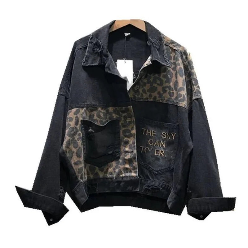 Women's Embroidered Leopard Denim Jacket – Distressed Streetwear for Spring/Autumn 🐆💥