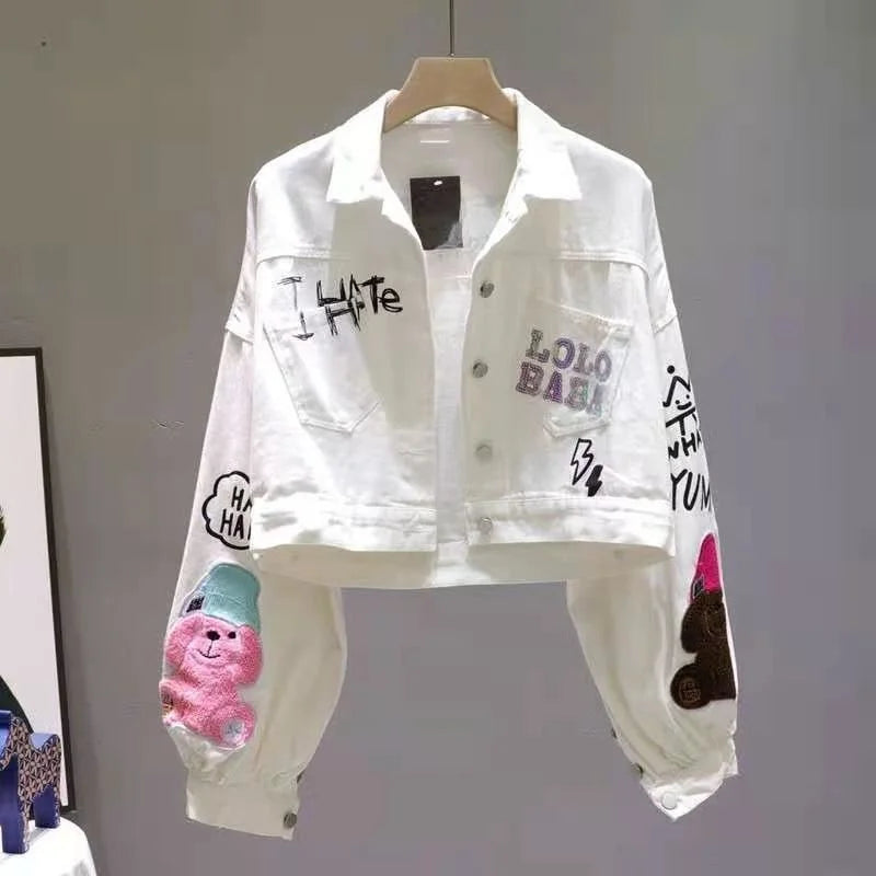 Cartoon Flocking Letter Print Denim Jacket | Women’s Short Jean Coat 🌼