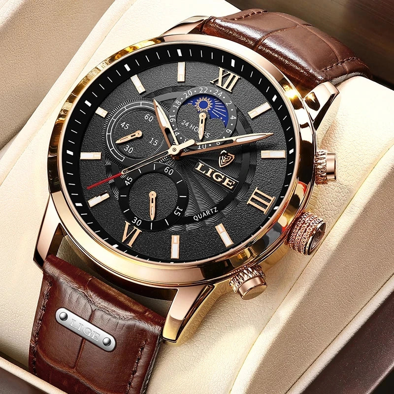 2025 LIGE Luxury Leather Watch for Men | Waterproof Casual Quartz ⌚