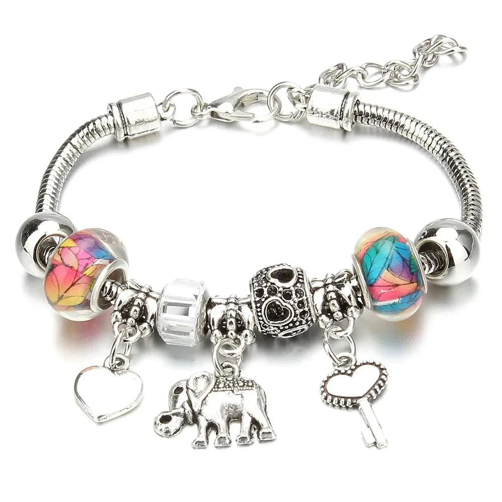 Shop All I Want 19 Shop All I Want 🐘 Antique Elephant Key Lock Bracelet – 6 Colors, Glass Beads & Bangle, DIY Jewelry Gift for Women 🎁