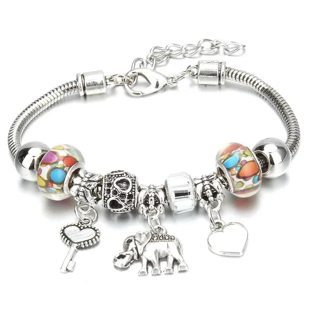 Shop All I Want Shop All I Want 🐘 Antique Elephant Key Lock Bracelet – 6 Colors, Glass Beads & Bangle, DIY Jewelry Gift for Women 🎁