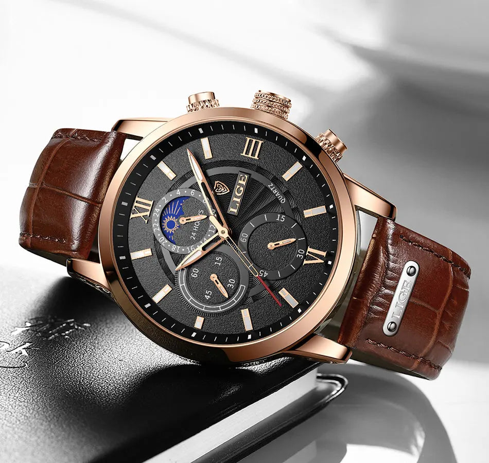 2025 LIGE Luxury Leather Watch for Men | Waterproof Casual Quartz ⌚