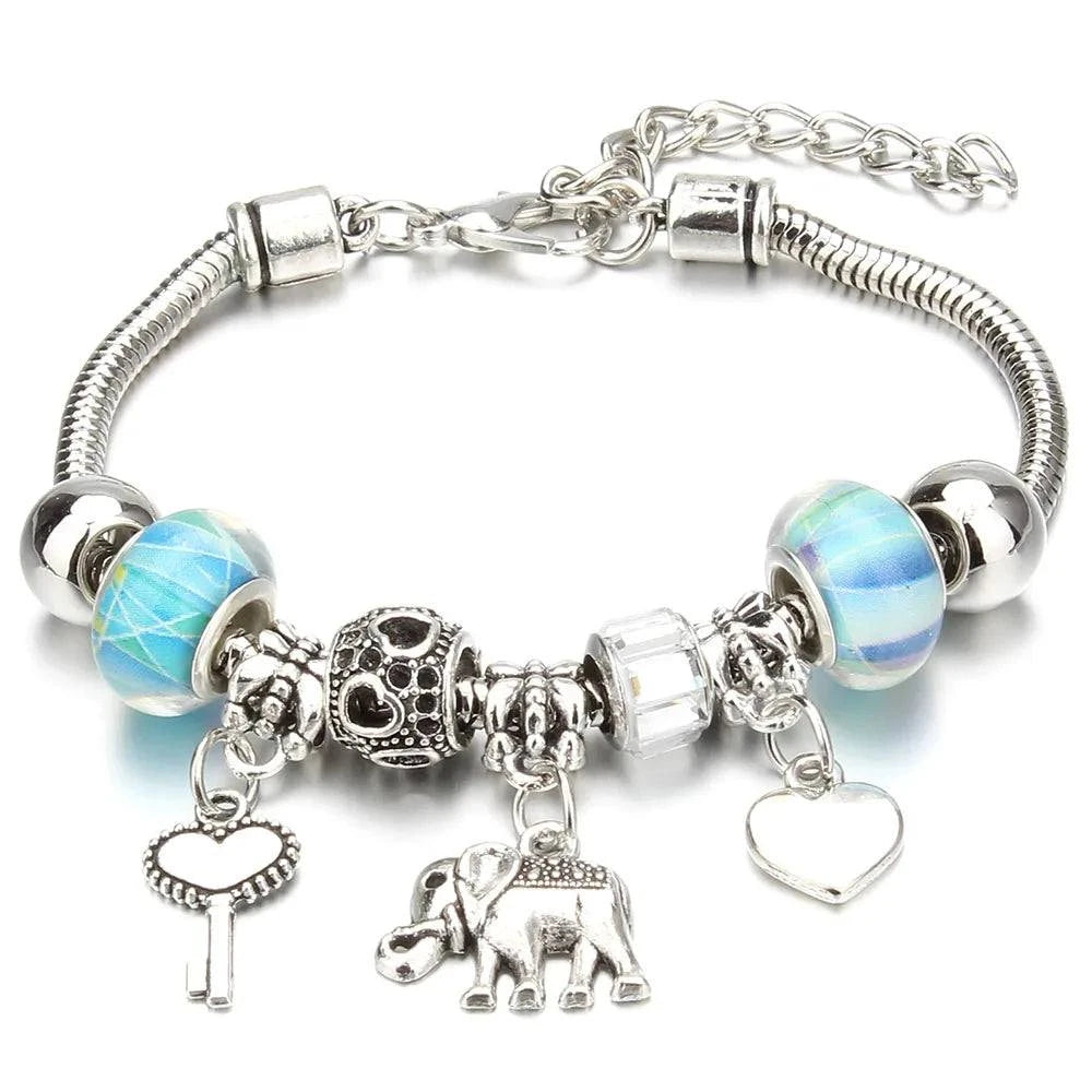 Shop All I Want Shop All I Want 🐘 Antique Elephant Key Lock Bracelet – 6 Colors, Glass Beads & Bangle, DIY Jewelry Gift for Women 🎁