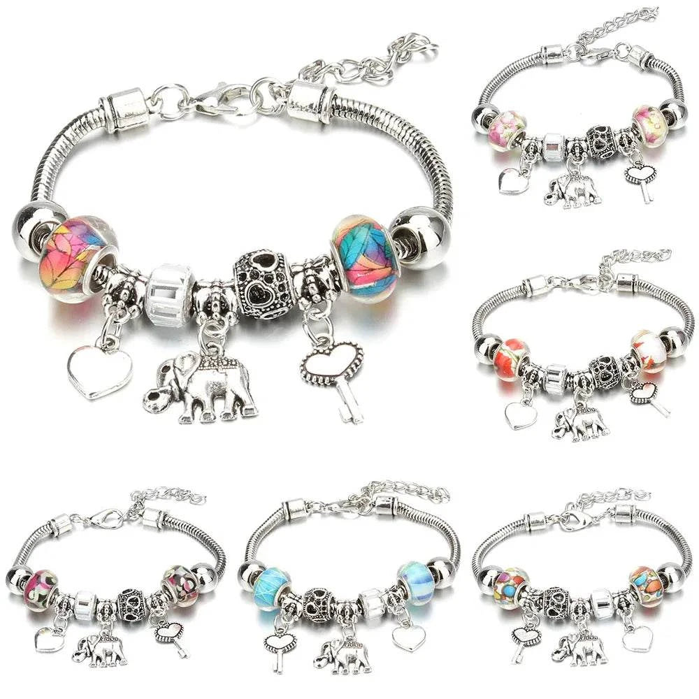 Shop All I Want Shop All I Want 🐘 Antique Elephant Key Lock Bracelet – 6 Colors, Glass Beads & Bangle, DIY Jewelry Gift for Women 🎁