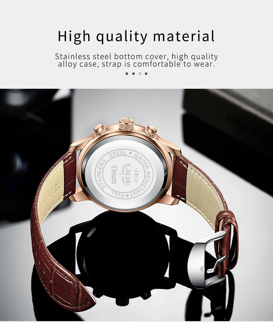 2025 LIGE Luxury Leather Watch for Men | Waterproof Casual Quartz ⌚