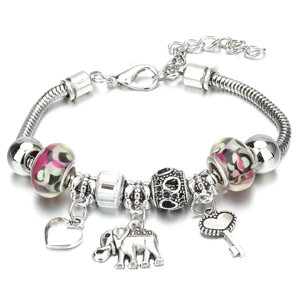 Shop All I Want Shop All I Want 🐘 Antique Elephant Key Lock Bracelet – 6 Colors, Glass Beads & Bangle, DIY Jewelry Gift for Women 🎁