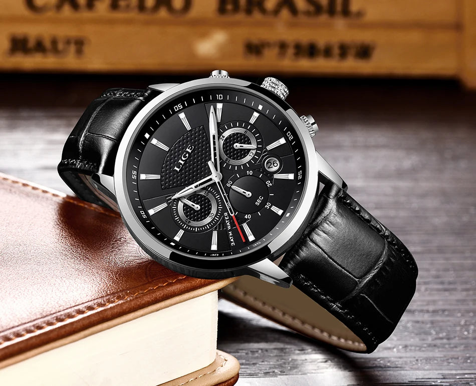 2025 LIGE Luxury Leather Watch for Men | Waterproof Casual Quartz ⌚