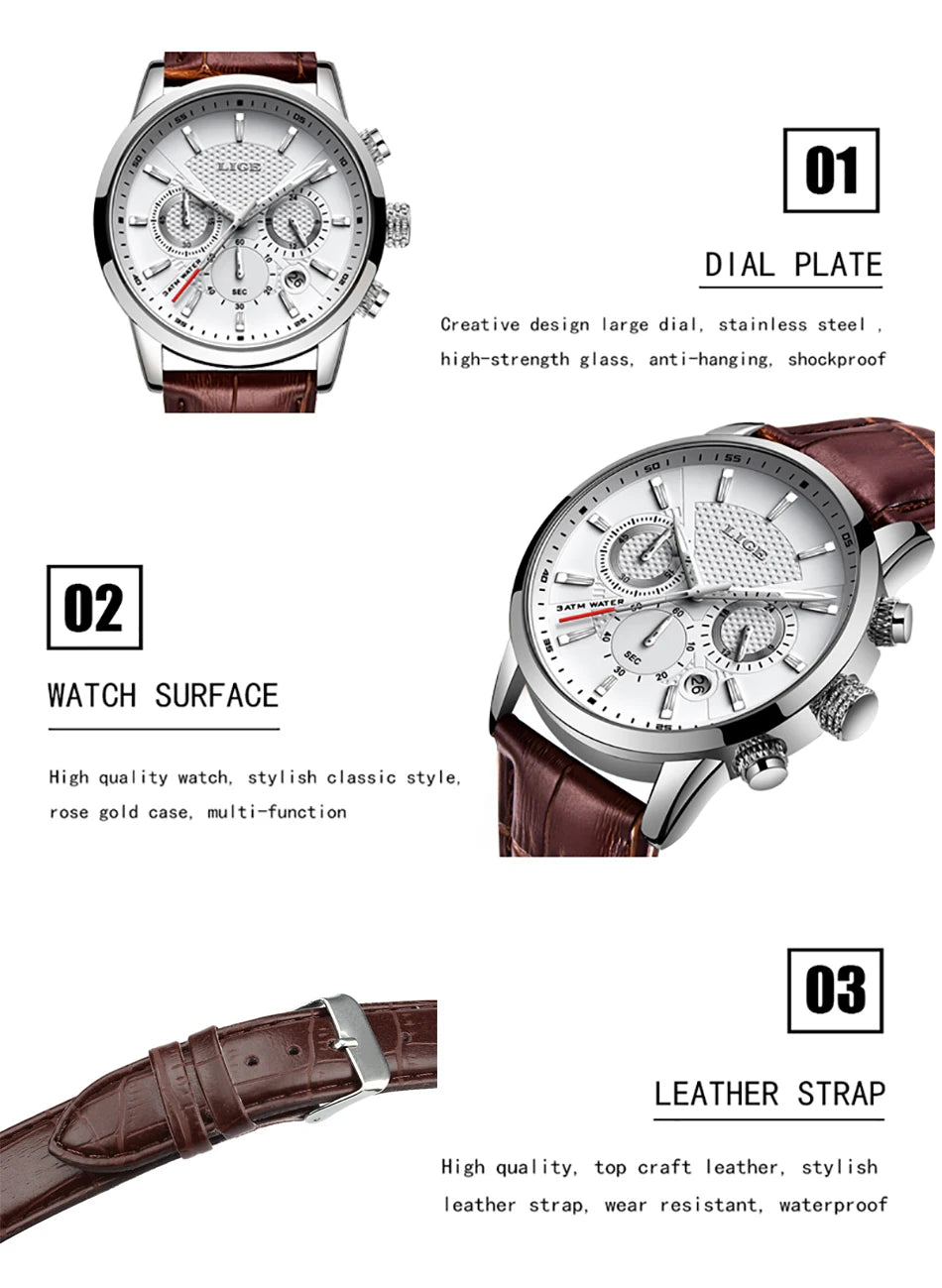 2025 LIGE Luxury Leather Watch for Men | Waterproof Casual Quartz ⌚