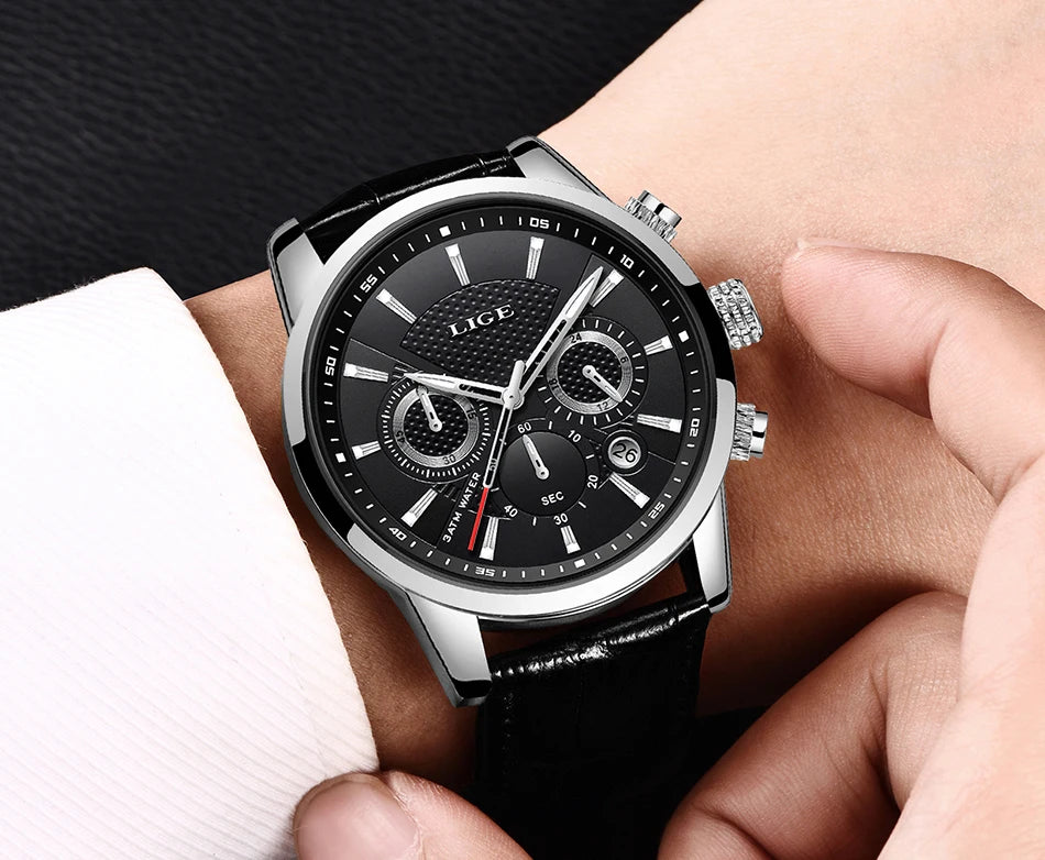 2025 LIGE Luxury Leather Watch for Men | Waterproof Casual Quartz ⌚