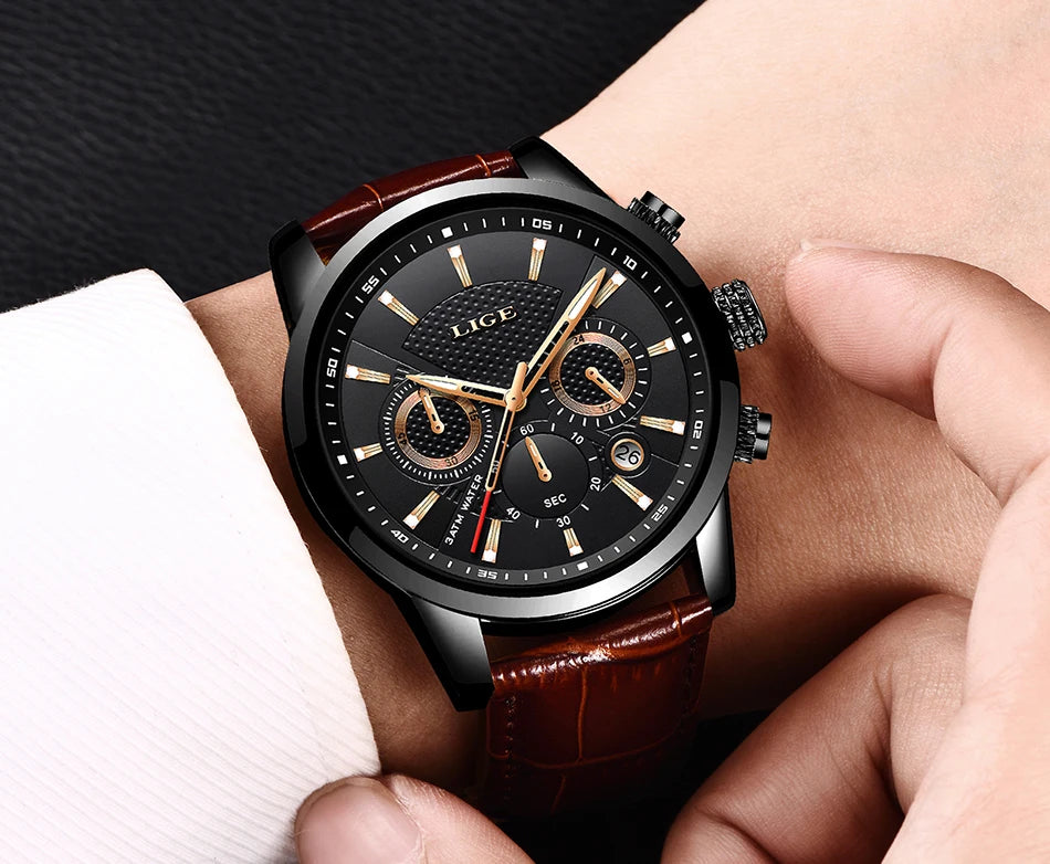 2025 LIGE Luxury Leather Watch for Men | Waterproof Casual Quartz ⌚