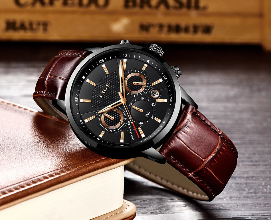 2025 LIGE Luxury Leather Watch for Men | Waterproof Casual Quartz ⌚