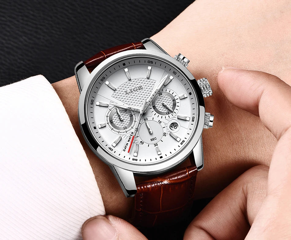 2025 LIGE Luxury Leather Watch for Men | Waterproof Casual Quartz ⌚