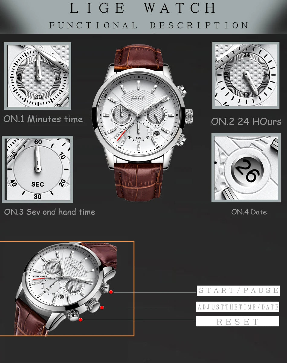 2025 LIGE Luxury Leather Watch for Men | Waterproof Casual Quartz ⌚