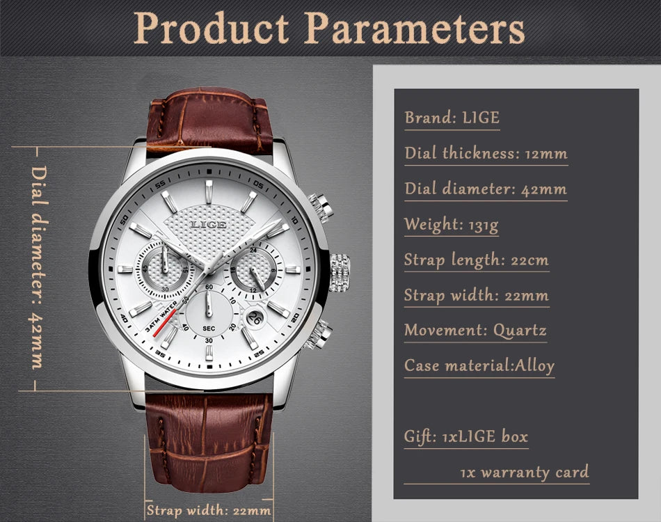 2025 LIGE Luxury Leather Watch for Men | Waterproof Casual Quartz ⌚