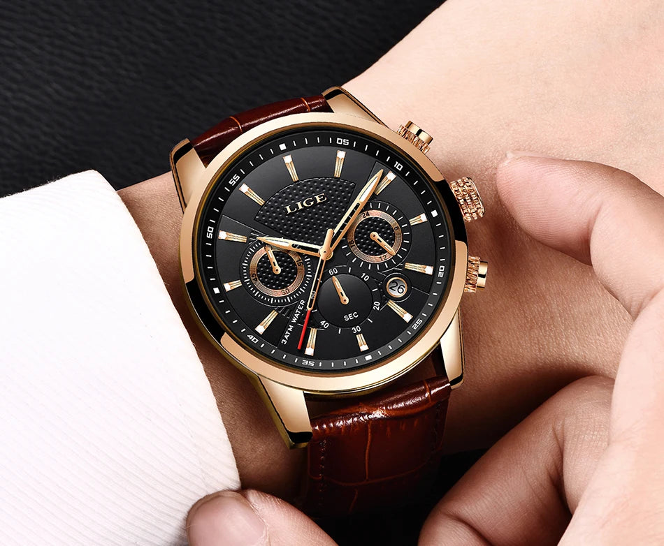 2025 LIGE Luxury Leather Watch for Men | Waterproof Casual Quartz ⌚