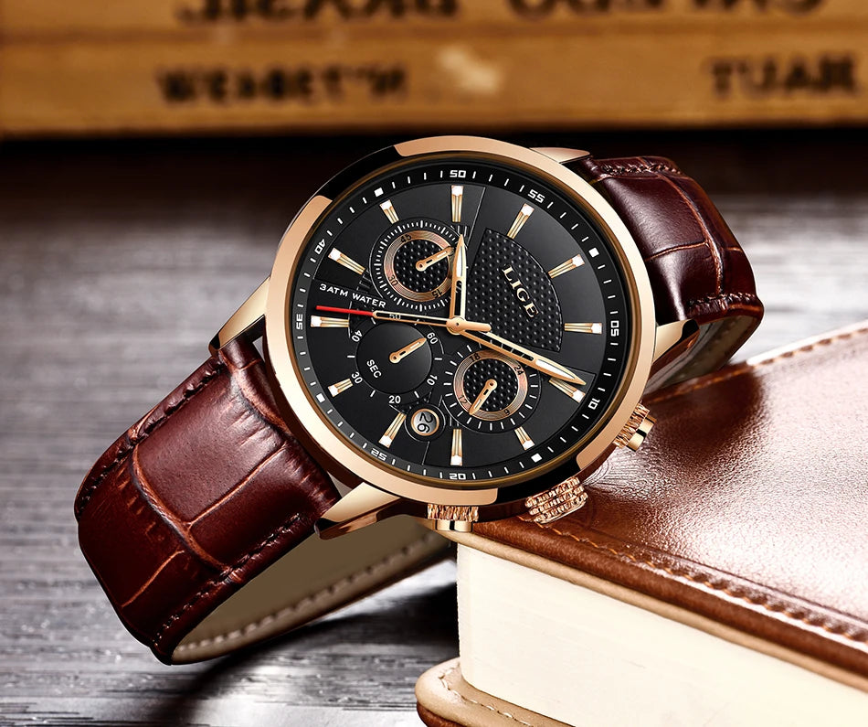 2025 LIGE Luxury Leather Watch for Men | Waterproof Casual Quartz ⌚