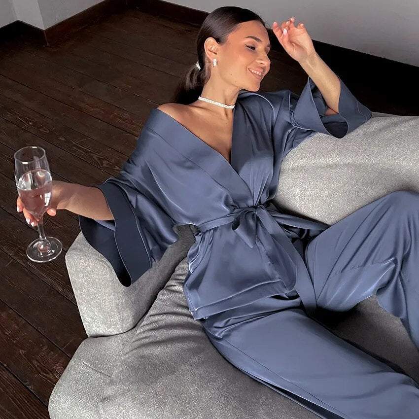 Shop All I Want Blue / S SHOP ALL I WANT Comfortable 2-Piece Pajama Set: Smooth Silky Sleepwear 🌙