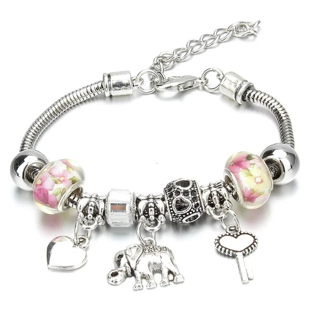 Shop All I Want 20 Shop All I Want 🐘 Antique Elephant Key Lock Bracelet – 6 Colors, Glass Beads & Bangle, DIY Jewelry Gift for Women 🎁