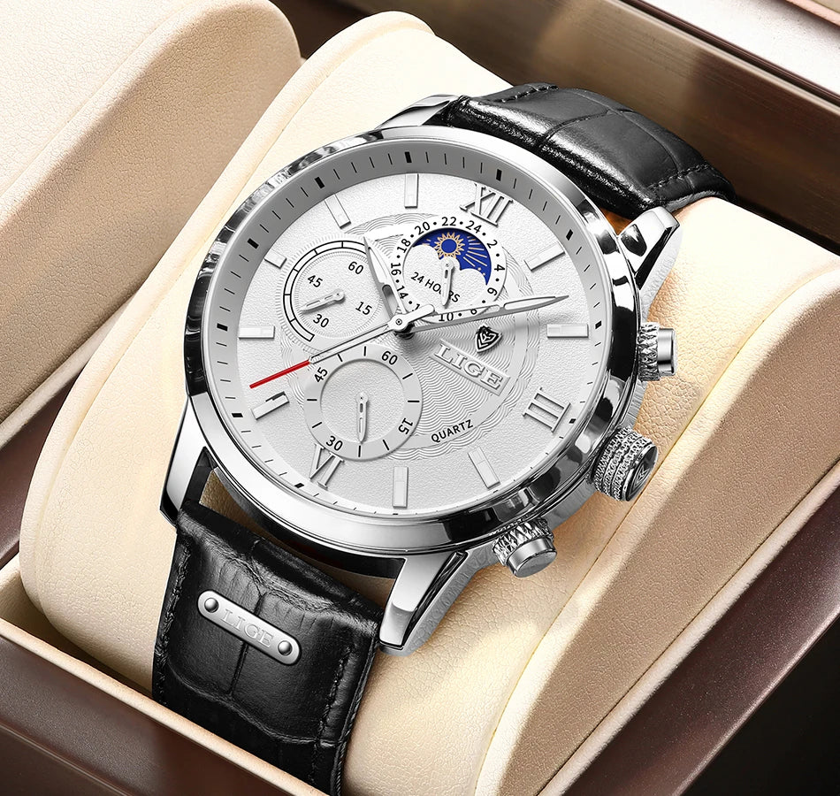 2025 LIGE Luxury Leather Watch for Men | Waterproof Casual Quartz ⌚