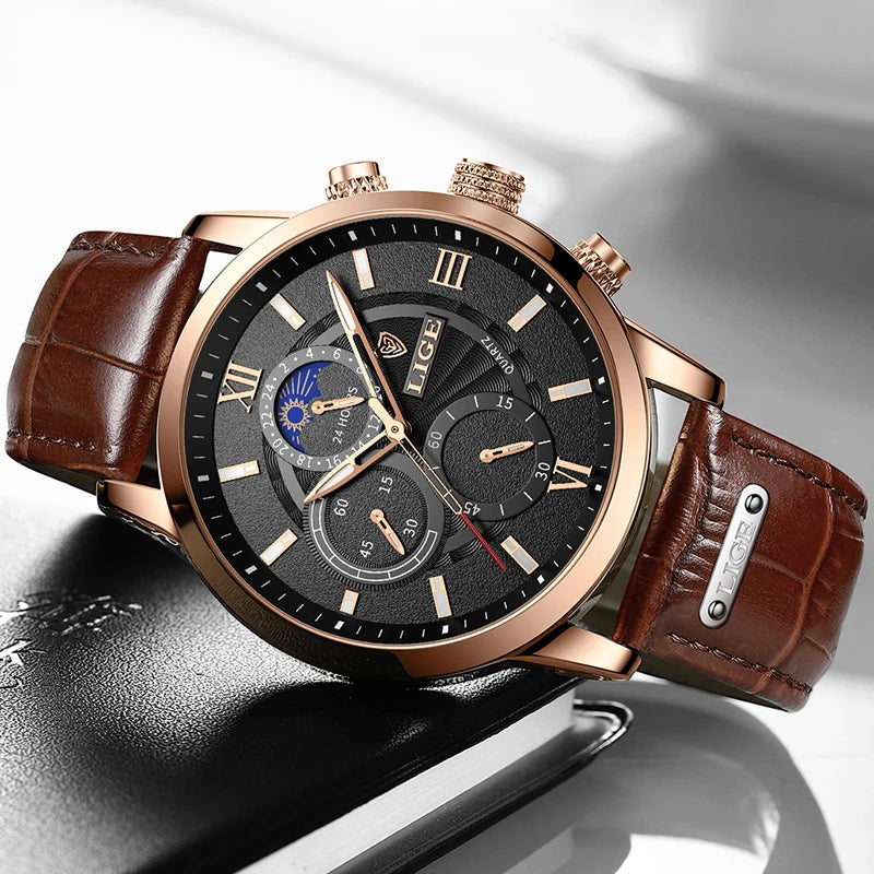 2025 LIGE Luxury Leather Watch for Men | Waterproof Casual Quartz ⌚