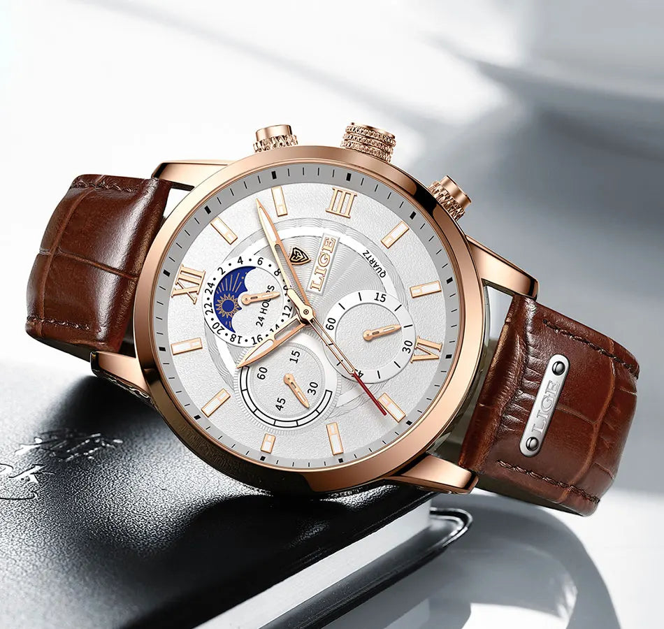 2025 LIGE Luxury Leather Watch for Men | Waterproof Casual Quartz ⌚