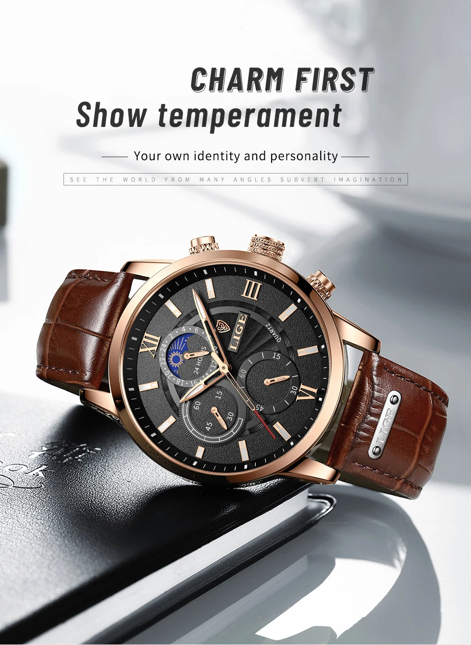 2025 LIGE Luxury Leather Watch for Men | Waterproof Casual Quartz ⌚