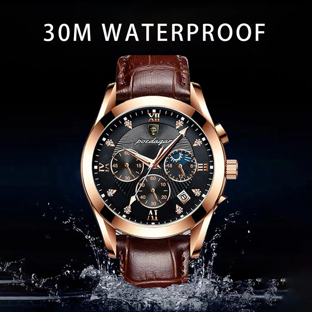 Durable Men’s Quartz Watch – Waterproof Sports Timepiece with Luminous Date & Leather Band ⌚🌊