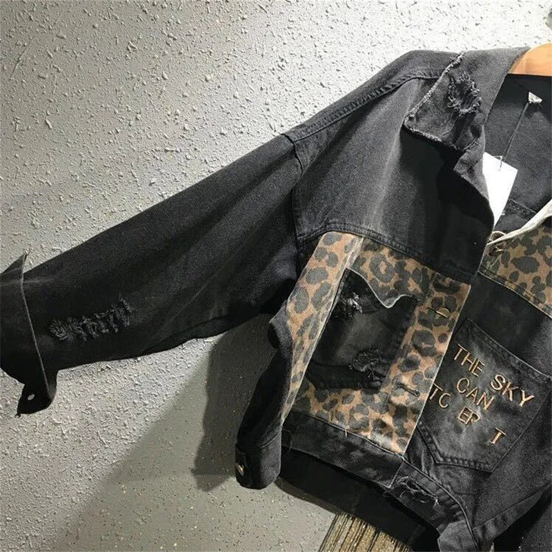 Women's Embroidered Leopard Denim Jacket – Distressed Streetwear for Spring/Autumn 🐆💥