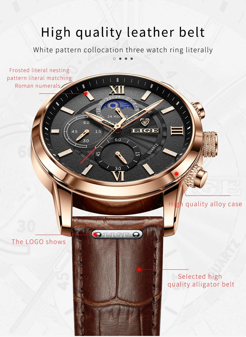 2025 LIGE Luxury Leather Watch for Men | Waterproof Casual Quartz ⌚