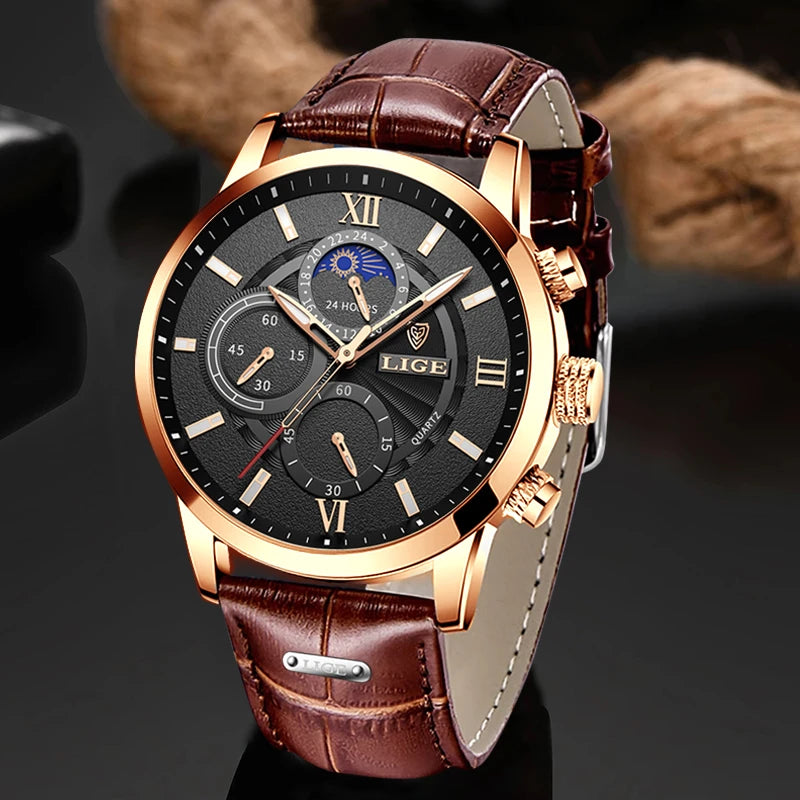 2025 LIGE Luxury Leather Watch for Men | Waterproof Casual Quartz ⌚