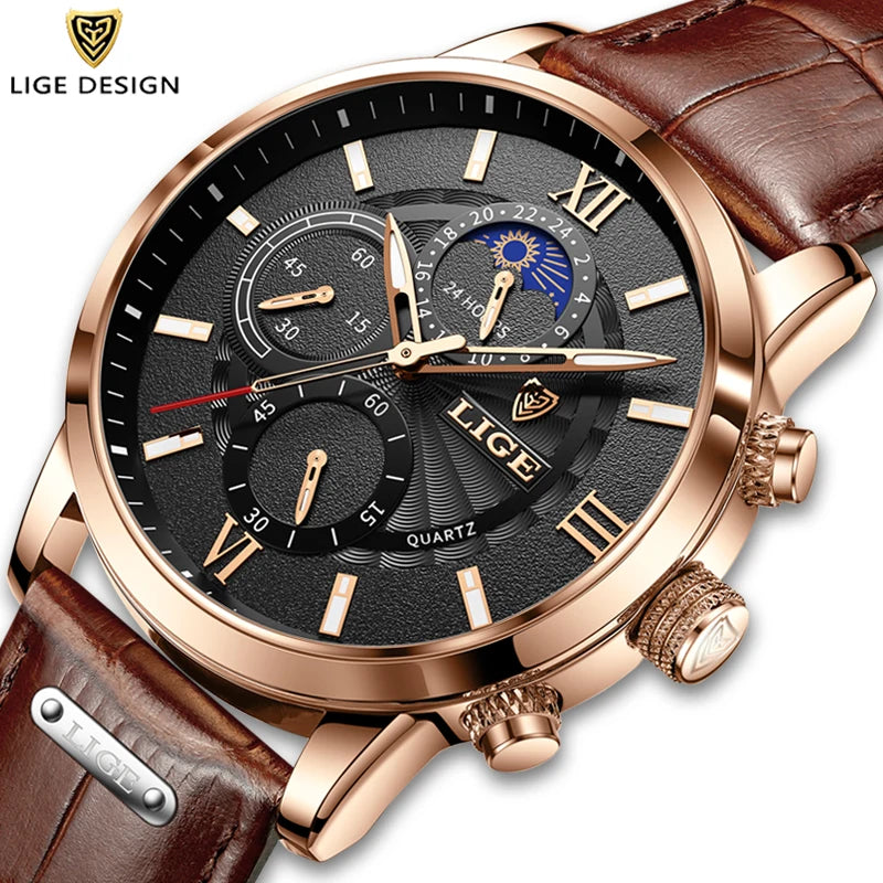 2025 LIGE Luxury Leather Watch for Men | Waterproof Casual Quartz ⌚