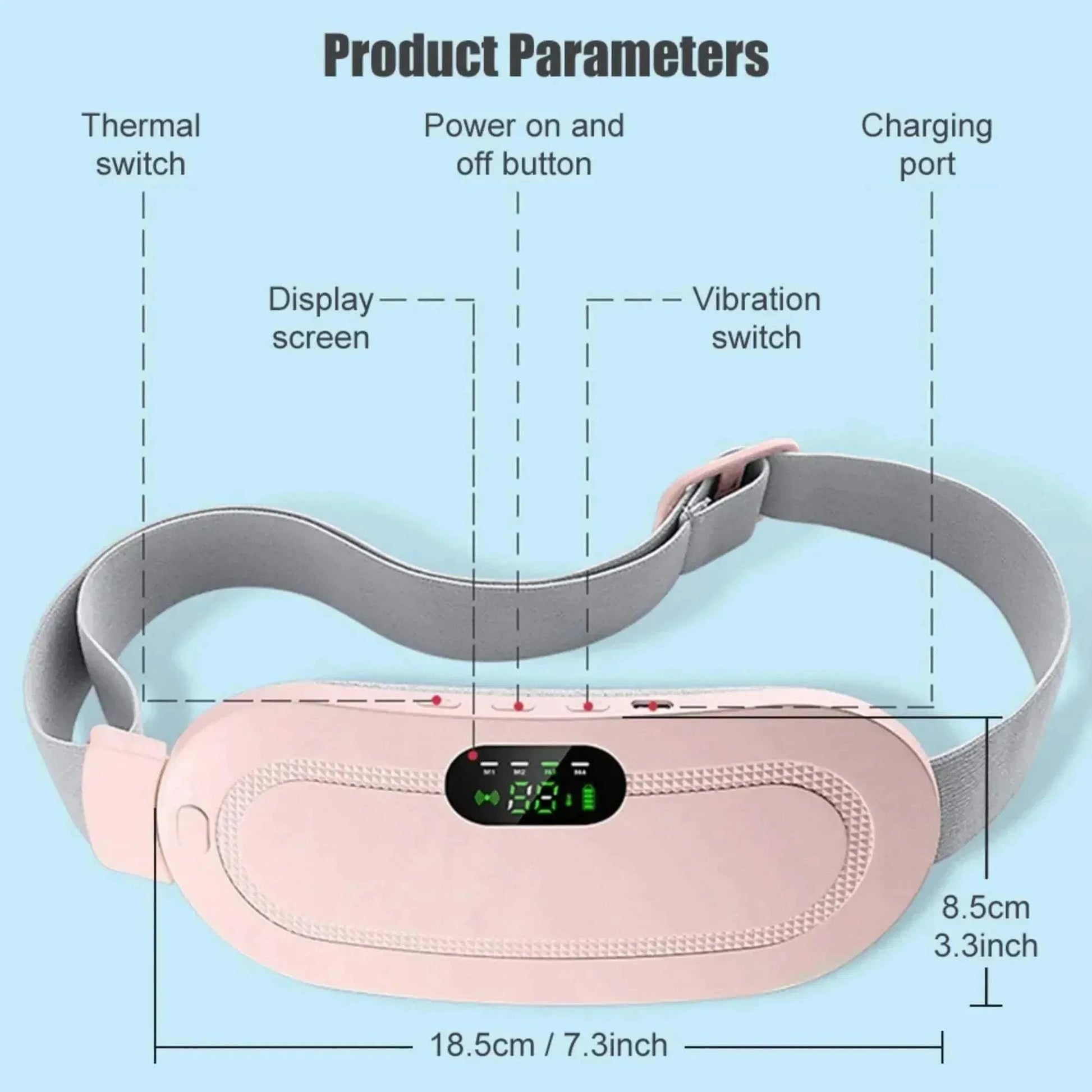 Period heating pad for cramps with three heat settings and vibrator, showcasing product parameters and design features.