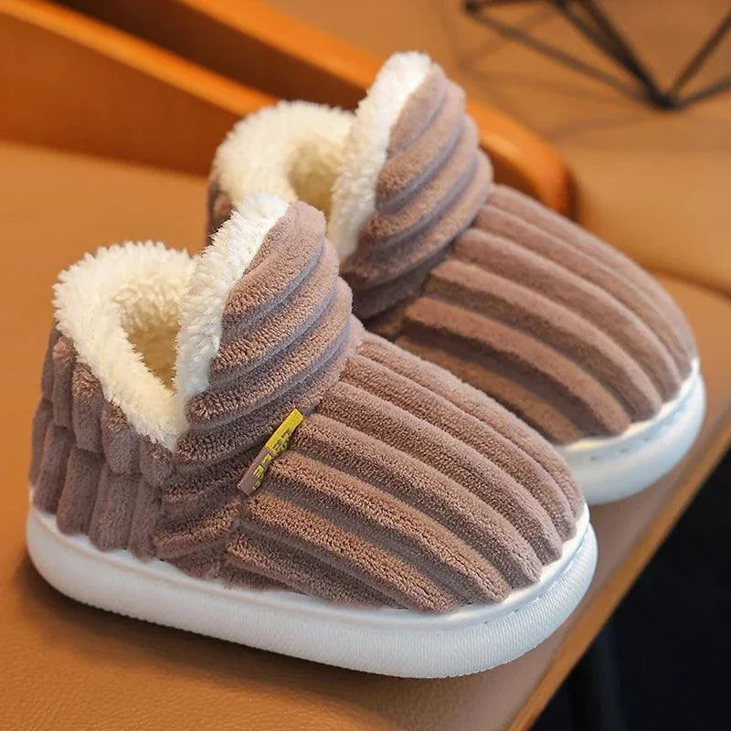 Shop All I Want Chocolate / 22-23 Shop All I Want ❄️ New Winter Stripe Plush Slippers – Non-Slip, Soft Sole, Warm Cotton Shoes for Kids, Boys & Girls 🌟