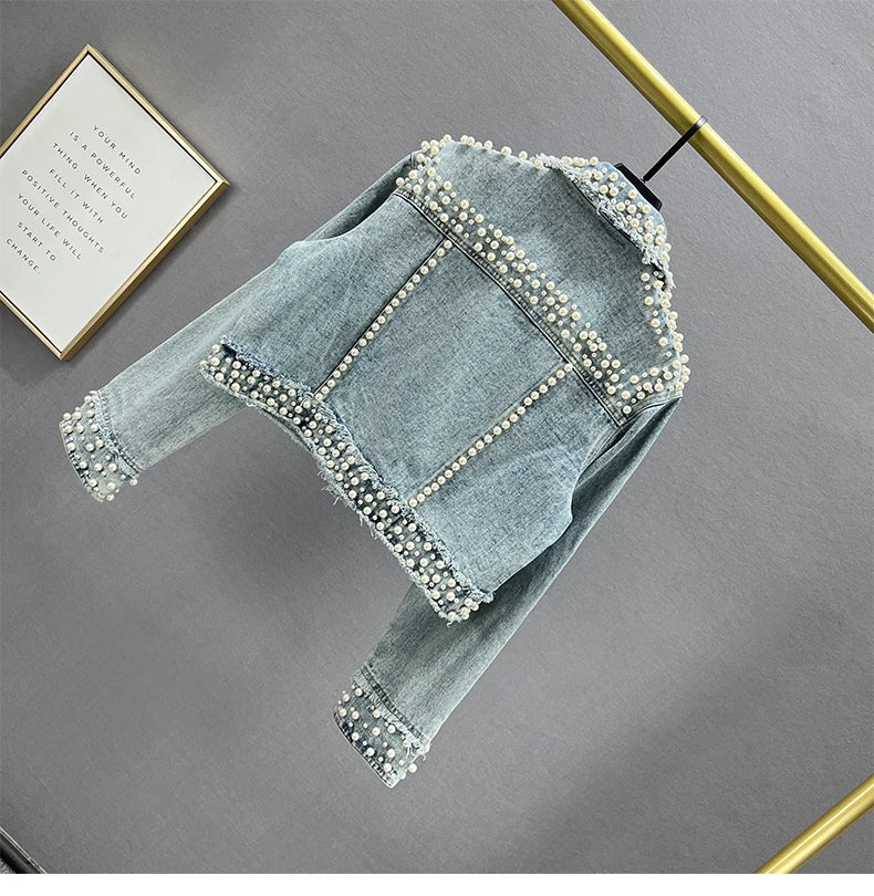 Women's Denim Coat Full Pearls & Beaded Crystal Long Sleeve Jacket 💎