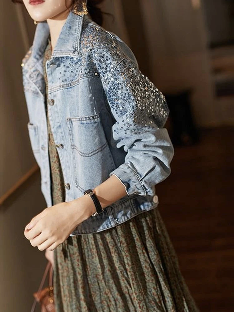 Women's Denim Coat Full Pearls & Beaded Crystal Long Sleeve Jacket 💎