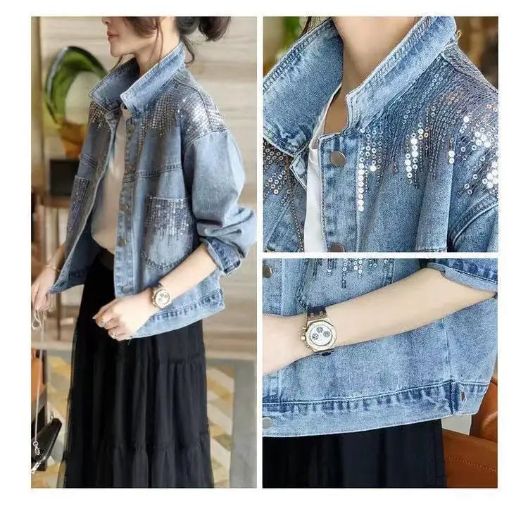 Women's Denim Coat Full Pearls & Beaded Crystal Long Sleeve Jacket 💎