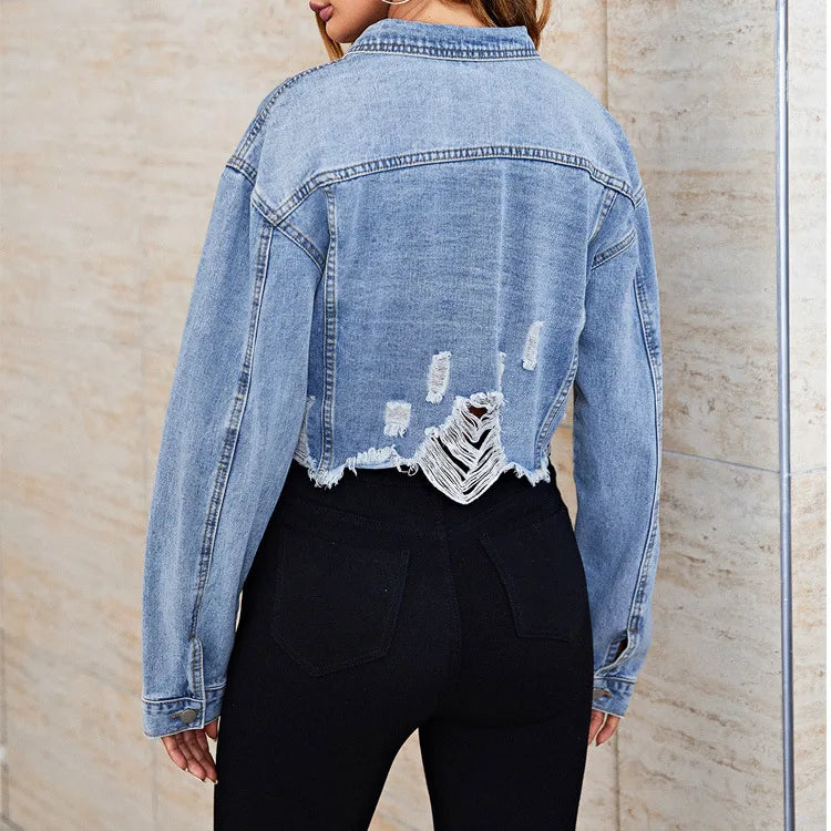 Casual Women’s Torn Denim Jacket – European & American Street Fashion Style 🇪🇺🇺🇸