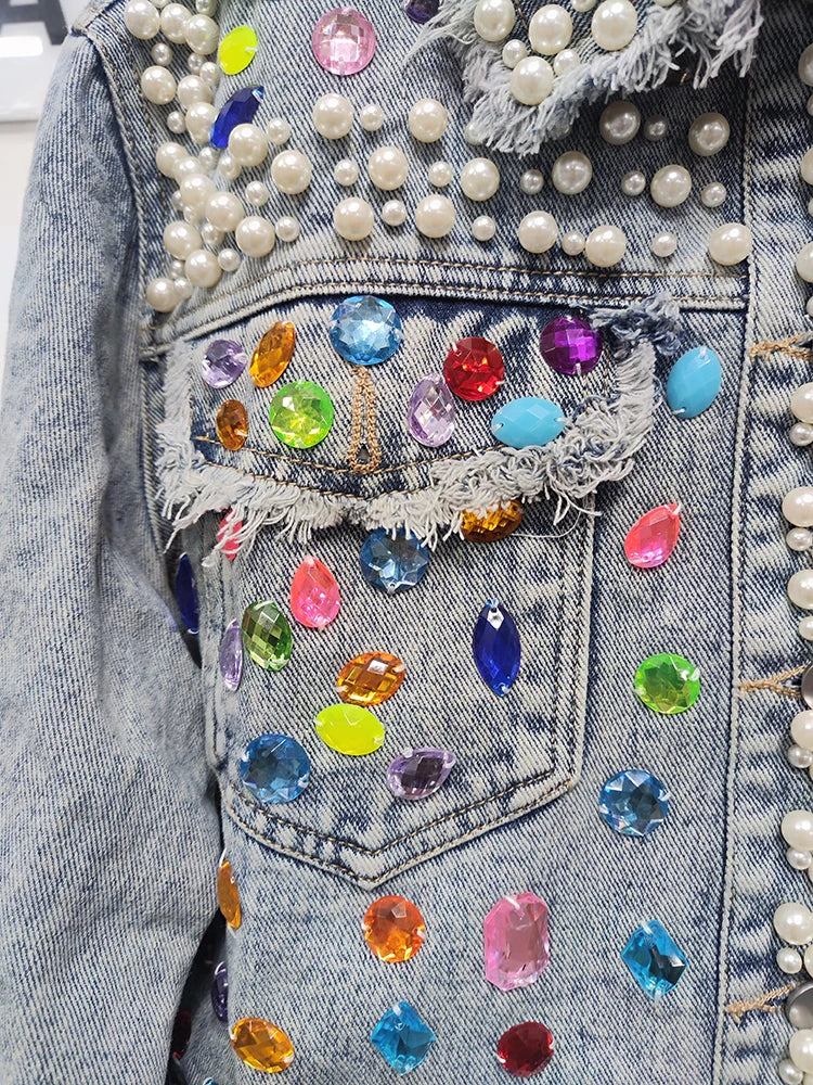 Women's Denim Coat Full Pearls & Beaded Crystal Long Sleeve Jacket 💎