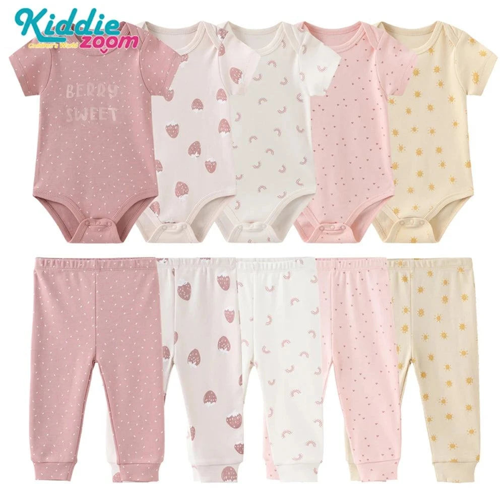 Shop All I Want Style 02 / 9M Shop All I Want 👶 Baby Girl Clothing Set – 5-Piece Cartoon Cotton Bodysuits & Pants, Short Sleeves Onesies 🌟