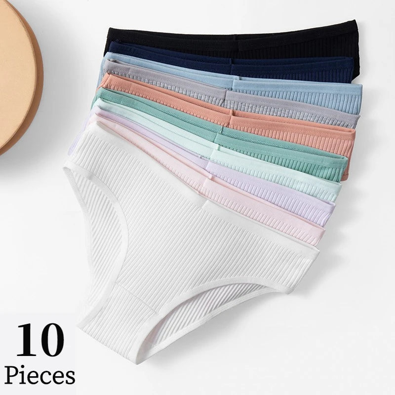 10PCS Women’s Panties Set | Sexy Breathable Cotton Striped Briefs 🌸