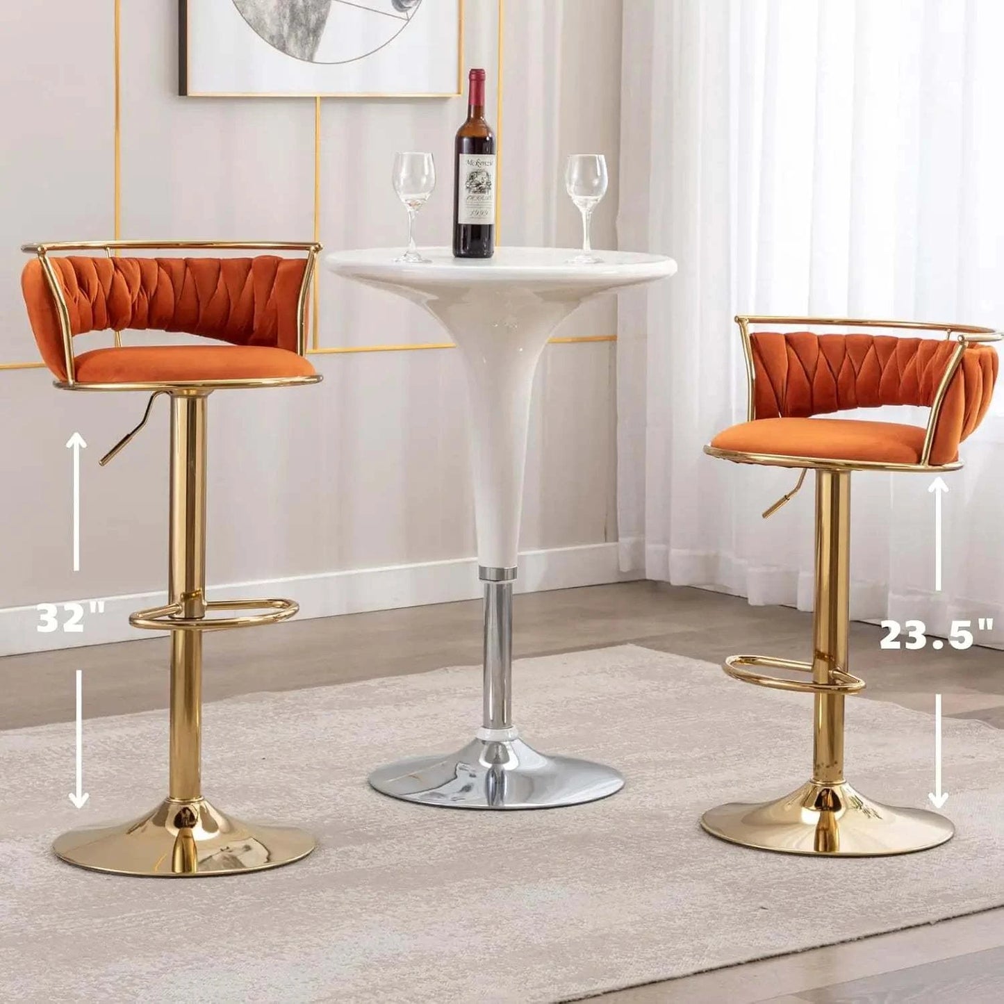 Bar Stools Set of 4, Adjustable Counter Height with Back, Solid Gold BAdd a pop of color and luxury to your space with this stunning set of four bar stools. The adjustable counter height feature and velvet upholstery provide both comfoShop All I WantShop All I WantBack, Solid Gold Base & Velvet Swivel, Orange 🍊