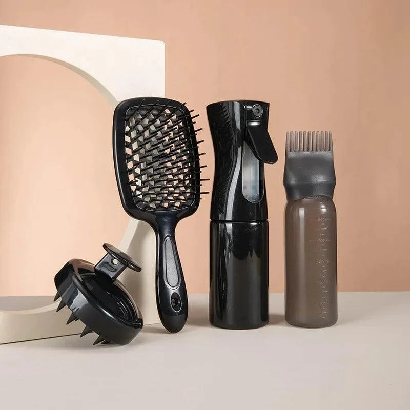 Shop All I Want Black Shop All I Want 💆‍♂️ 4pcs Silicone Scalp Massage Comb Set – Detangling Brush, Hair Dye Applicator & Spray Bottle 🌟