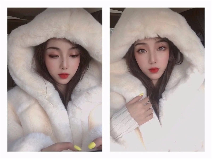 Hooded Faux Rabbit Fur Jacket – Loose Thicken Plush Coat for Women, Luxury Winter Furry Chaquetas ❄️✨