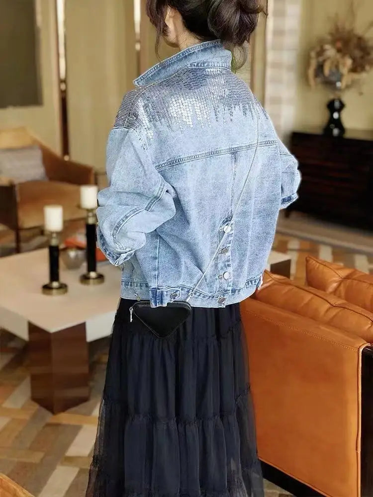 Women's Denim Coat Full Pearls & Beaded Crystal Long Sleeve Jacket 💎