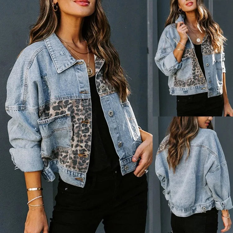 Leopard Stitching Denim Jacket for Women | Eeved Casual Outerwear 🌼