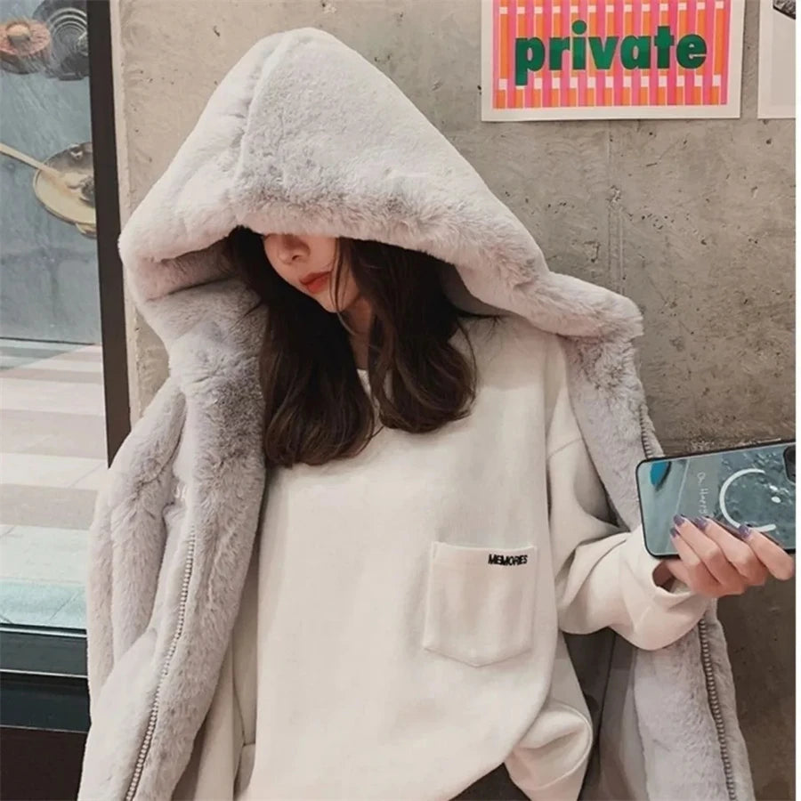 Hooded Faux Rabbit Fur Jacket – Loose Thicken Plush Coat for Women, Luxury Winter Furry Chaquetas ❄️✨