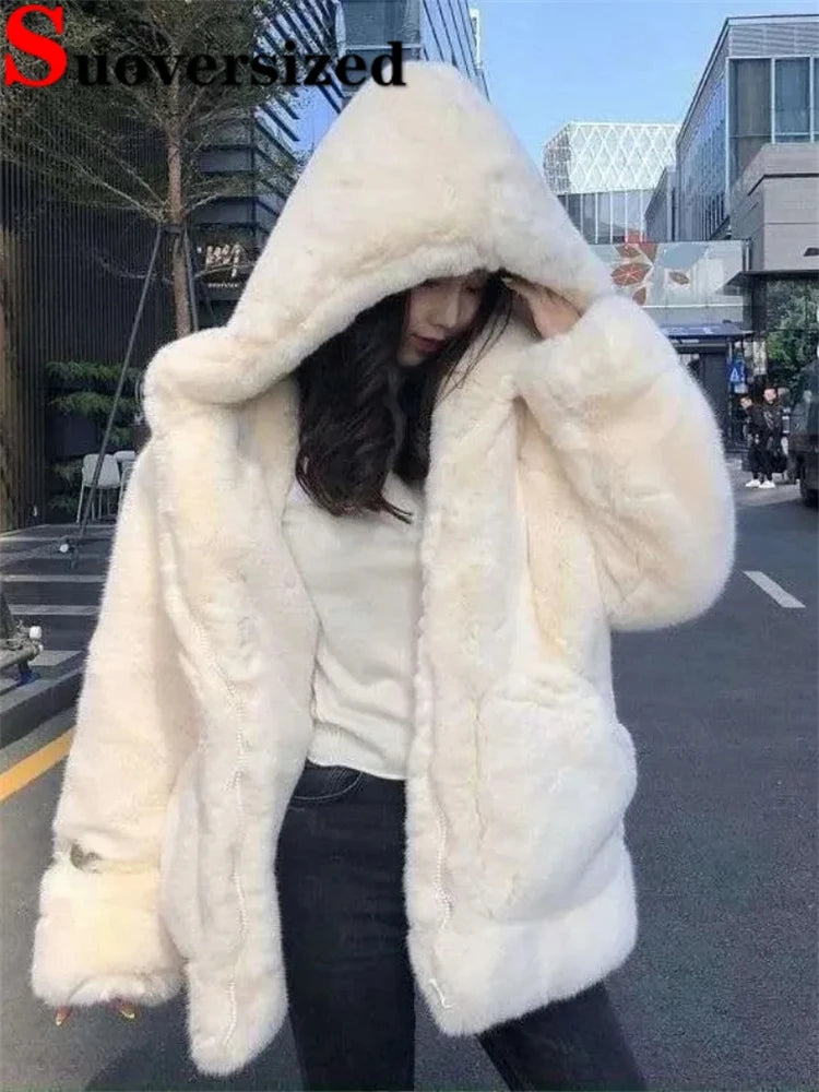 Hooded Faux Rabbit Fur Jacket – Loose Thicken Plush Coat for Women, Luxury Winter Furry Chaquetas ❄️✨